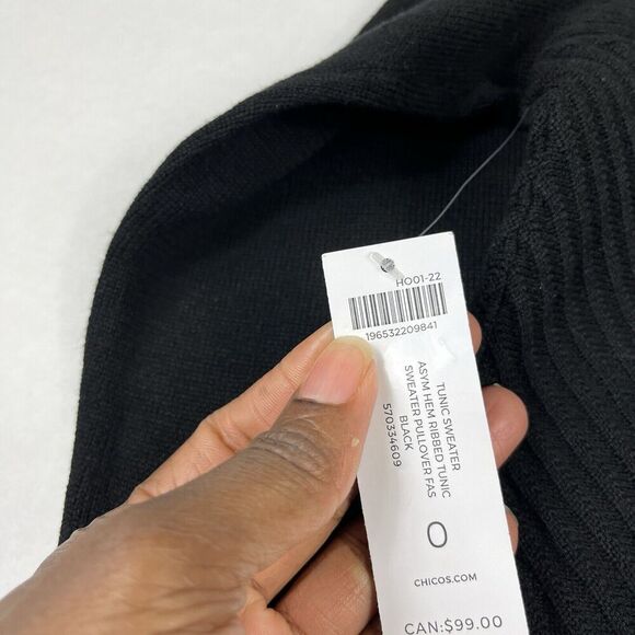 Chicos Tunic Sweater Black Asymmetric Warm Cozy Ribbed Knit Pullover 0 SMALL NEW - Picture 10 of 12